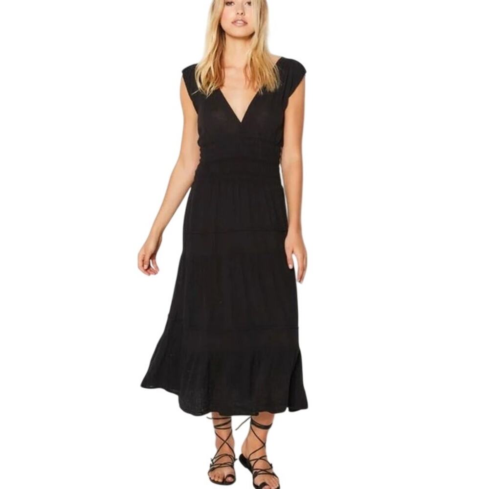 Felicite Black Satin Smocked Midi Dress Size Medium